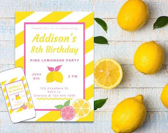 May include: A pink and yellow birthday invitation with a lemon theme. The invitation says "Addison's 8th Birthday Pink Lemonade Party" with the date and time of the party. There is a phone graphic with a similar design.