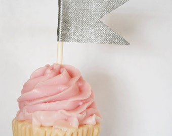 Metallic Silver Flag Cupcake Toppers Set of 12 By Your Little Cupcake