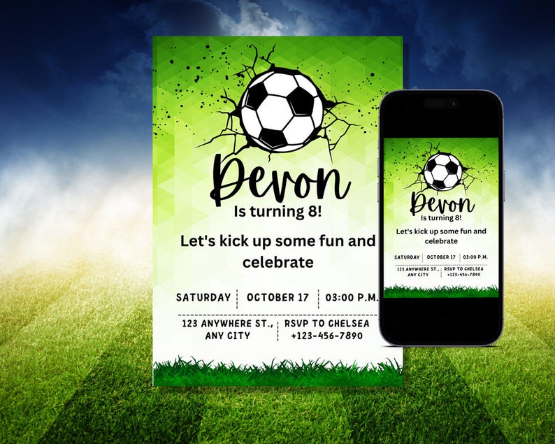 Green Soccer Digital Invitation Edit and Print at Home image 1