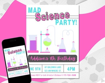 Mad Scientist Experiment Party, Girl Colors,  Digital Invitation Edit and Print at Home