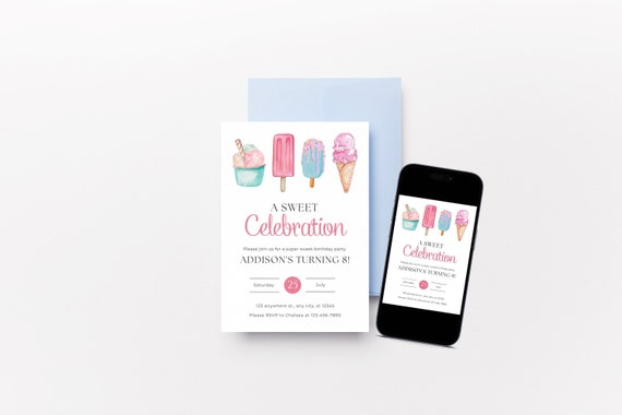 A Sweet Celebration, Ice Cream Social Birthday, Digital Invitation, Edit and Print at Home, Text or Email