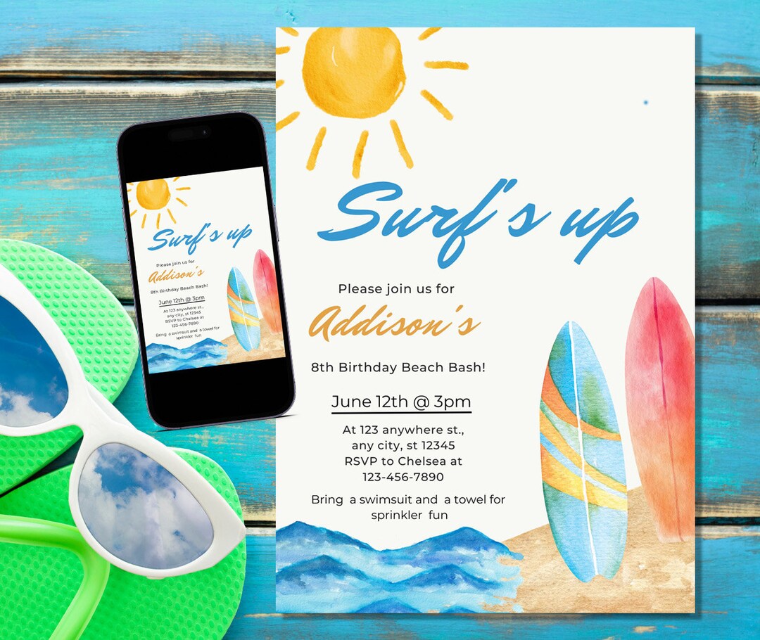 Surfs up Pool Party, Beach Party, Digital Invitation Edit and Print at ...