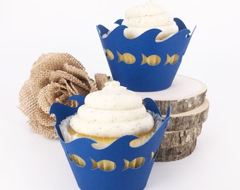 Fish and Ocean Wave Cupcake Wrappers In Your Choice of Color Qty 12 By Your Little Cupcake