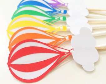 Rainbow Hot Air Balloon Cupcake Toppers Qty 12