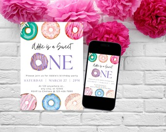 A Sweet One Donut Party Digital Invitation Edit and Print at Home