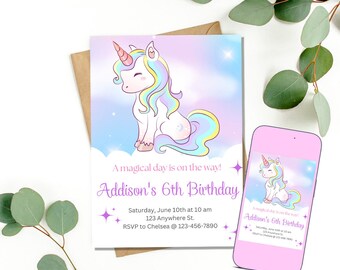 Pastel Rainbow Unicorn Digital Invitation Edit and Print at Home