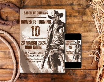 Outlaw Cowboy Birthday Digital Invitation Edit and Print at Home