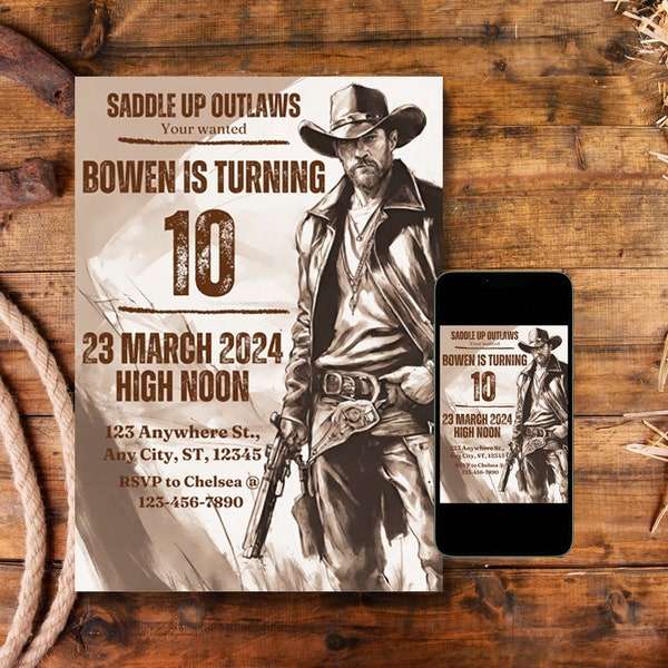 Outlaw Cowboy Birthday Digital Invitation Edit and Print at Home