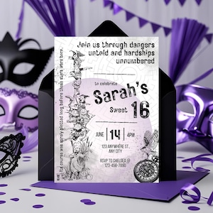 May include: A black envelope holds a purple invitation for Sarah's Sweet 16. The invitation features a whimsical illustration and text that reads "Join us through dangers untold and hardships unnumbered." Additional text includes the date, time, and RSVP information.