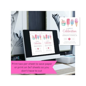 May include: Two printable 5x7 inch invitations for a birthday party with a sweet theme. The invitations feature a watercolor illustration of ice cream cones, popsicles, and a cup of ice cream. The text on the invitations reads "A Sweet Celebration" and "Addison's Turning 8!"
