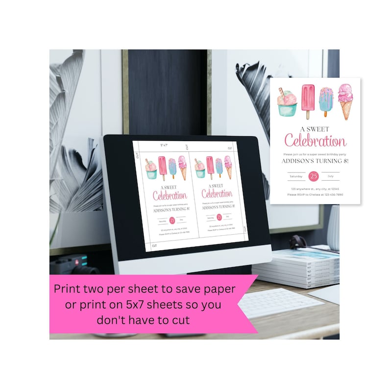 May include: Two printable 5x7 inch invitations for a birthday party with a sweet theme. The invitations feature a watercolor illustration of ice cream cones, popsicles, and a cup of ice cream. The text on the invitations reads "A Sweet Celebration" and "Addison's Turning 8!"
