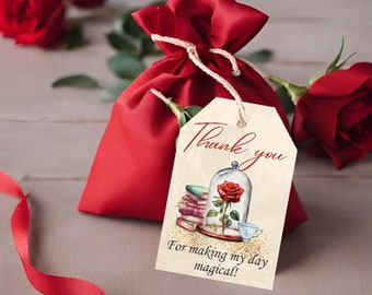 May include: A red satin gift bag with a tag that says "Thank you" and "For making my day magical!" The tag features a rose under a glass dome, books, and a teacup. Red roses and a red ribbon are also present.