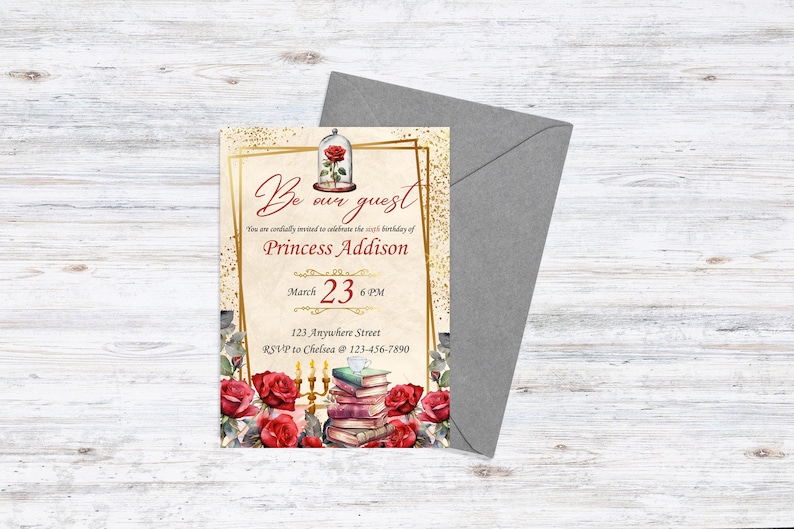 EDITABLE Beauty and the Beast Digital Invitation Edit and Print at Home image 2