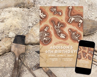 Paléontologue, fouille de dinosaures, fête d'anniversaire fossile, édition d'invitation numérique et impression à la maison