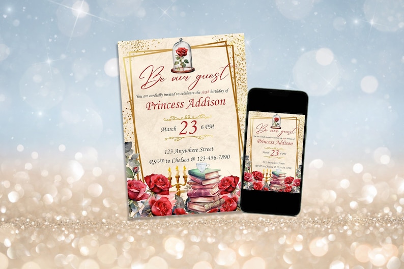 EDITABLE Beauty and the Beast Digital Invitation Edit and Print at Home image 1