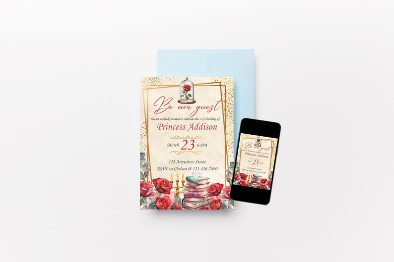EDITABLE Beauty and the Beast Digital Invitation Edit and Print at Home image 3