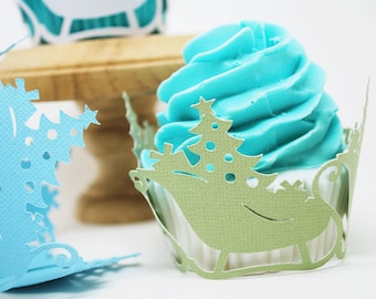 Christmas Sleigh Cupcake Wrappers In Your Choice of Color Qty 12