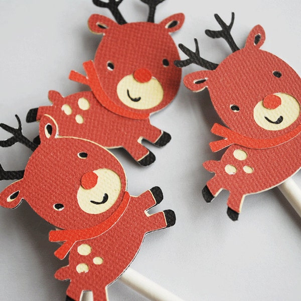 Rudolph Christmas Reindeer Cupcake Toppers In Your Choice of Colors Set of 12 By Your Little Cupcake