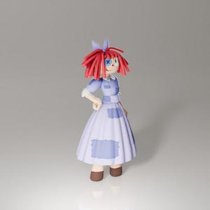 May include: A doll with bright red yarn hair, a light purple bow, and a single blue button eye. The doll wears a light purple dress featuring darker purple patches, a white collar, and white sleeve cuffs. The doll has brown shoes and a light skin tone.