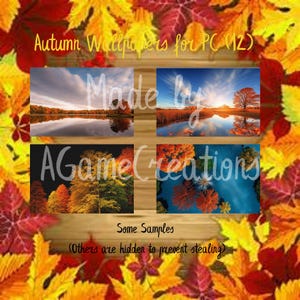 May include: A digital art image featuring four autumn landscape scenes, including a lake, trees, and a sunset. The text "Autumn Wallpapers for PC (12)", "Made by", "AGame Creations", and "Some Samples" are visible.