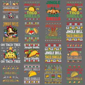 Puede incluir: Una colección de diseños gráficos festivos con temática navideña que presentan tacos y el texto "Jingle Bells Taco Shells". Los diseños incluyen tacos, campanas y Papá Noel, todos en un patrón tipo suéter.