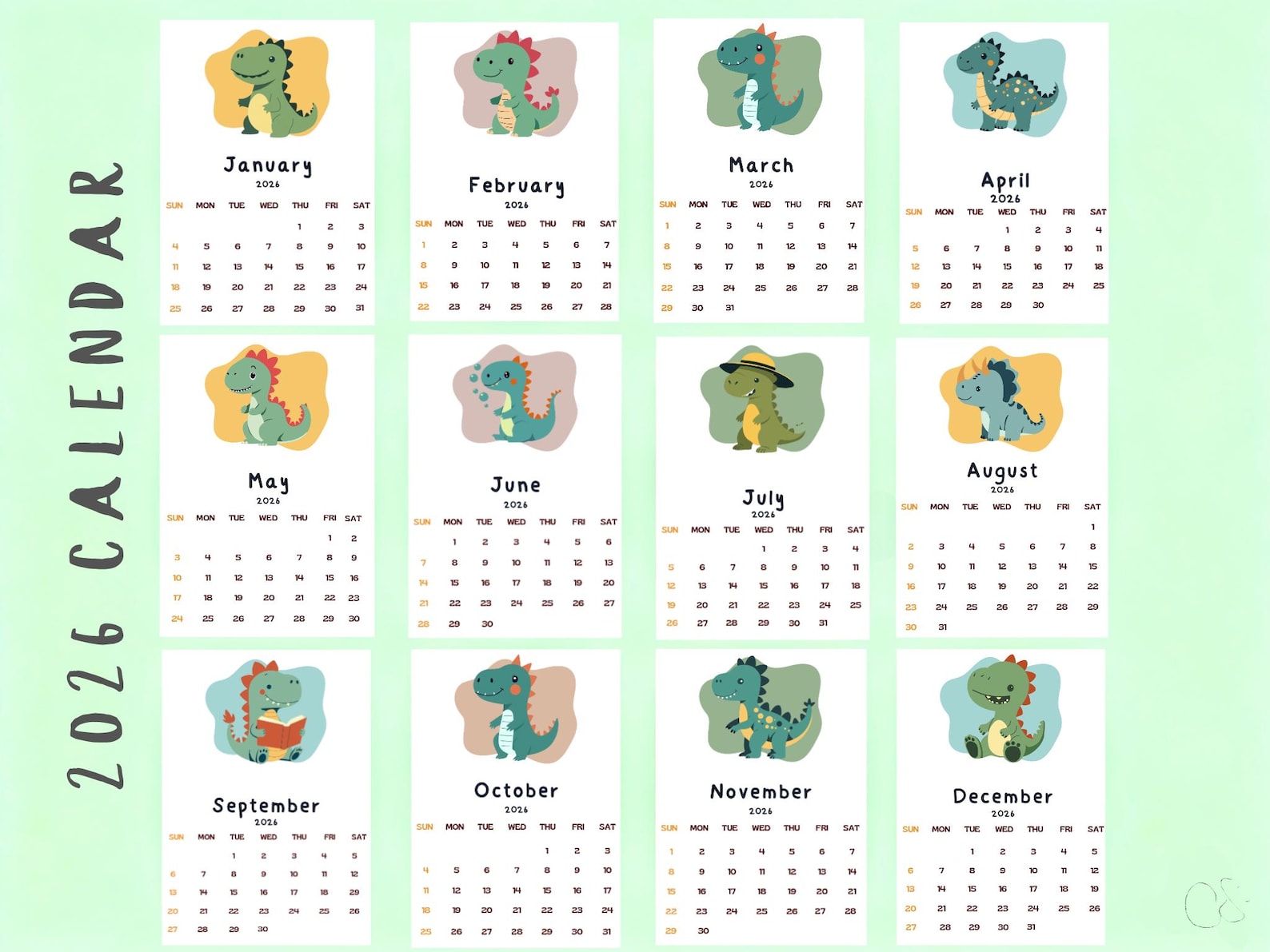 Printable 2026 Dinosaur Calendar for Kids — Cute Dino-themed Monthly ...