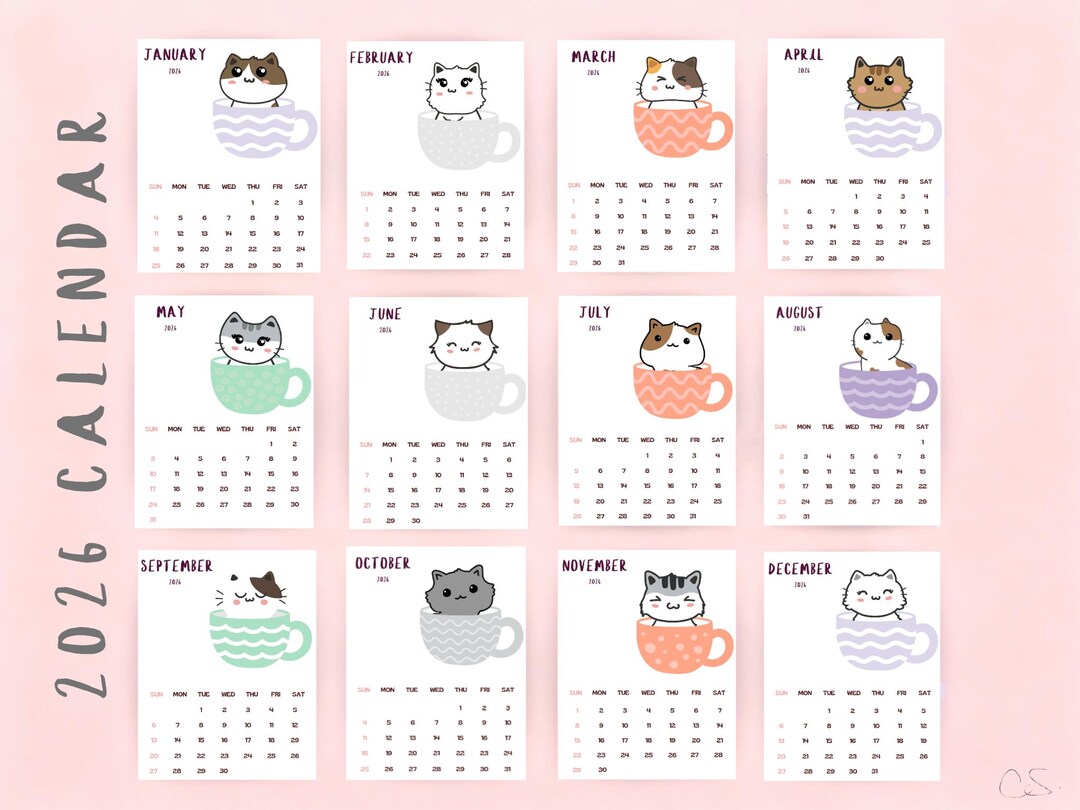 Printable 2026 Calendar for Kids and Cat Lovers- Cute Cats in a Cup ...