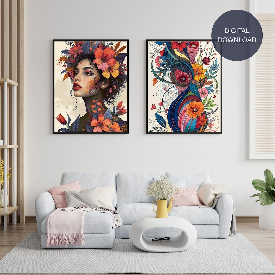 Floral Woman Portrait and Botanical Art Set, Boho Wall Decor (digital ...