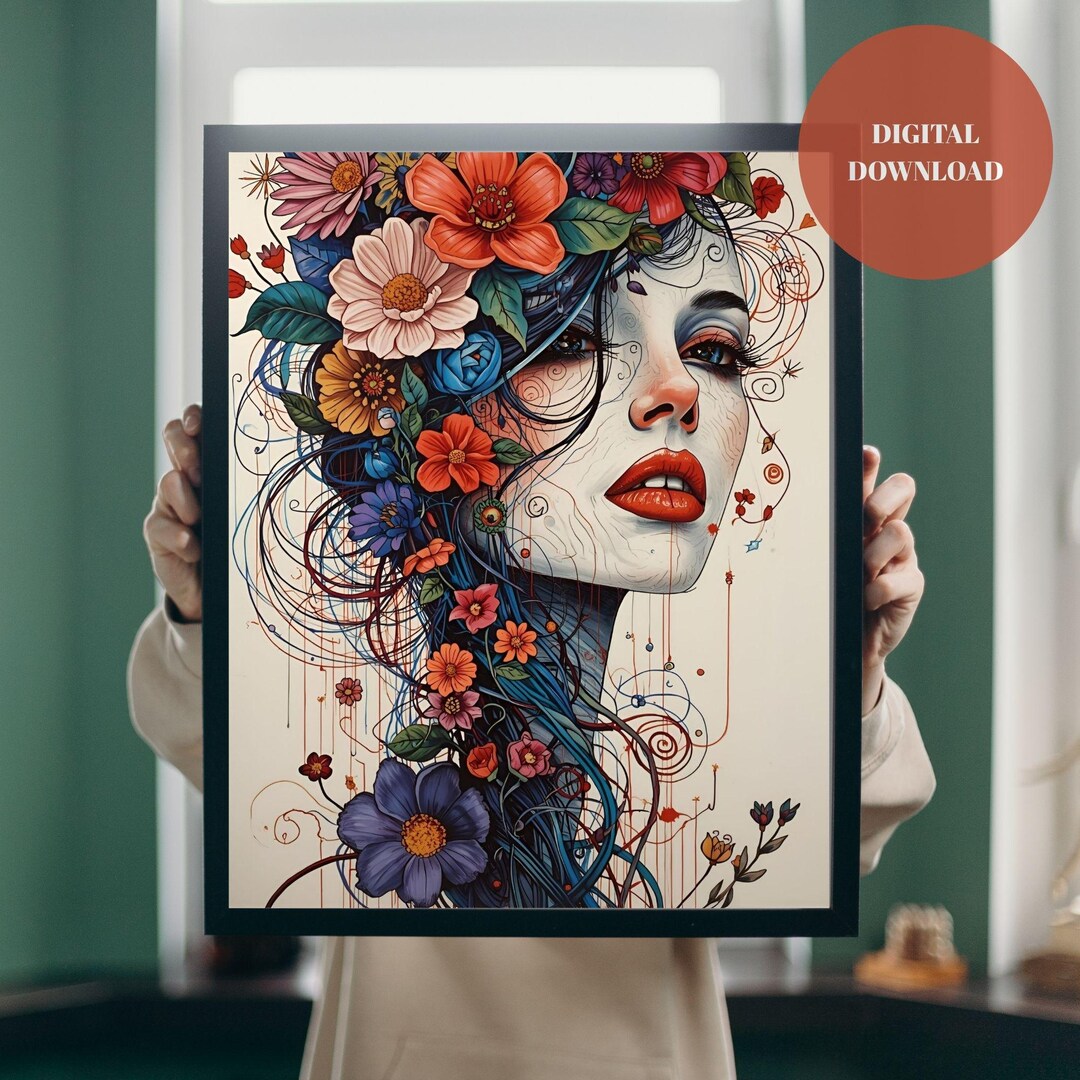 Floral Woman Portrait Art Print: Modern Boho Wall Decor (digital ...