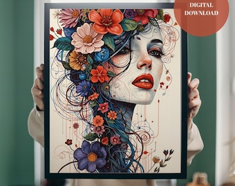 Floral Woman Portrait Art Print: Modern Boho Wall Decor (Digital Download)