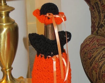 Wine Bottle Cover - Dress Hat - Orange Black - Wine Bottle Gift Wrap - Table Decoration - Wedding - Sports Team - Made Ohio USA Item 3005