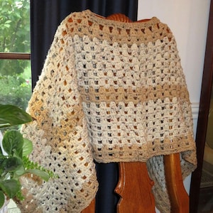 New Poncho - Beige and Tan Hand Crochet Preteen to Adult - Points Front and Back or Wrist to Wrist - Designed Hand Made in USA