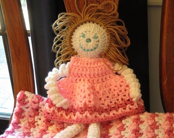 New Pink Baby Blanket and Doll - Crocheted Carriage Stroller - Baby Shower - First Birthday - Home Coming - Designed Hand Made USA Item 5113