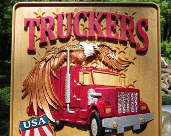 Truckers Drive America 3 Dimensional Engraved Hard Maple Wall Decor - Hand Painted Gift - 13.68" x 9.38" x .90" - Made USA Item 5382