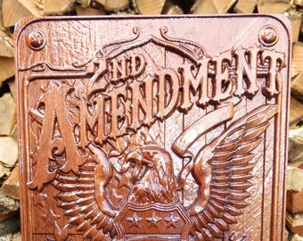 Second Amendment Engraved Wood Art - Walnut Wood 3 Dimension Wall Art Decor - Approx. 16" x 11" x 1.25" - Hand Crafted in the USA Item 5270