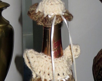 Wine Bottle Cover - Hand Crochet Dress and Hat - Caramel Chocoate Cream - New Year Hostess Anniversary Wedding Shower Gift- Item 3011