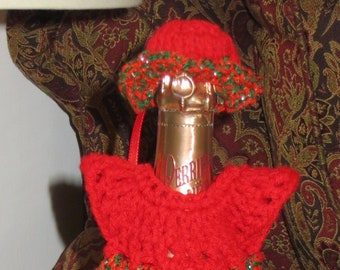 Wine Bottle Cover - Christmas Dress Ruffle Hat - Red Green Sparkle - Bridal Shower Wedding Hostess Table Decor - Hand Crochet USA Item 3069