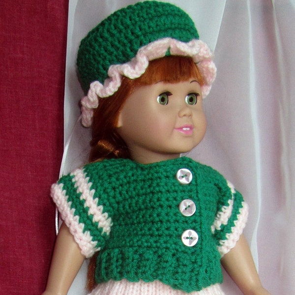 18 Inch Doll Sunday Brunch At Grandma's Sweater Skirt Hat - New 3 Piece Doll Set - Original Hand Crochet Knit Designed Made in USA Item 3055