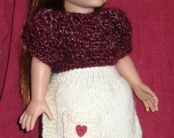 18 Inch Doll Puffy Sleeve Dress Heart Apron - Crochet Doll Dress and Knit Pocket Apron - Pre Teen Gift - Designed Hand Made USA Item 3063