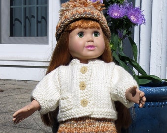 18 Inch Doll Cardigan Jacket Sweater Skirt Hat - All Ages Collect or Play - New Hand Knit Original Designed Made USA Item G201