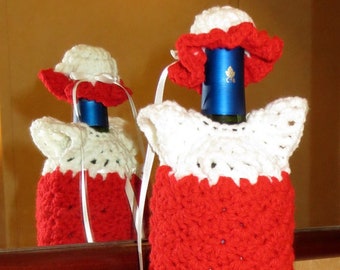 Wine Bottle Cover - Hand Crochet Red White Dress and Hat - Table Decoration Wedding Baby Shower Retirement University Party Favor - Item 403