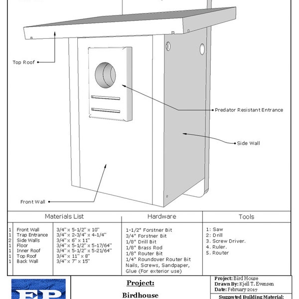 Drawing Pattern for Easy DIY Wood Outdoor Bird House - PDF File Project to Make Your Own Garden Bird House - Weekend Wood Project -Item 4808