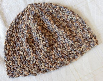 Cloche Hat - Chemo Cap - 22-24" M to L  Adult - Tan brown Gray Tweed Cotton Blend Crochet Seamans Bad Hair Day - Hand Made USA Item 5757