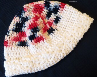 Cloche Hat - Chemo Cap - 22-24" - Red White Blue Cotton - Seamans Thinking Night Cap - Designed Hand Crocheted Ohio USA  Item 5821