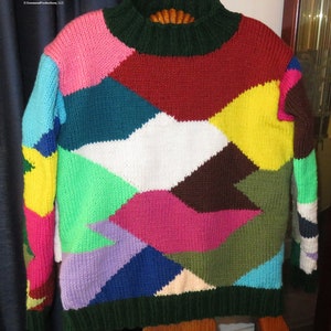 New Patchwork Sweater - Adult 34-38" - Hand Knit Intarsia Original Design Sweater - Bright Intarsia Jumper - Designed Made in USA