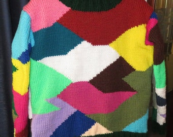New Patchwork Sweater - Adult 34-38" - Hand Knit Intarsia Original Design Sweater - Bright Intarsia Jumper - Designed Made in USA Item 5094