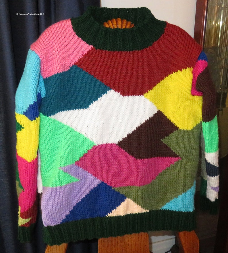 New Patchwork Sweater - Adult 34-38" - Hand Knit Intarsia Original Design Sweater - Bright Intarsia Jumper - Designed Made in USA