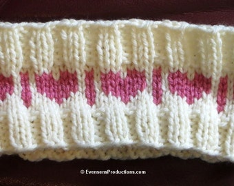 Head Band - Ear Warmer - 18"-20" Child-Small Adult - Pink Hearts on Cream - Gift Hand Knit USA - Item 4508