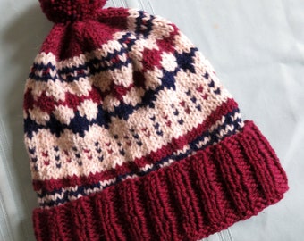 Nordic Hand Knit Intarsia Hat - Dark Red White Navy Blue Wool Blend - 22"-26" Fits Most Adults - Toboggan Slouch Hand Made in USA Item 5761