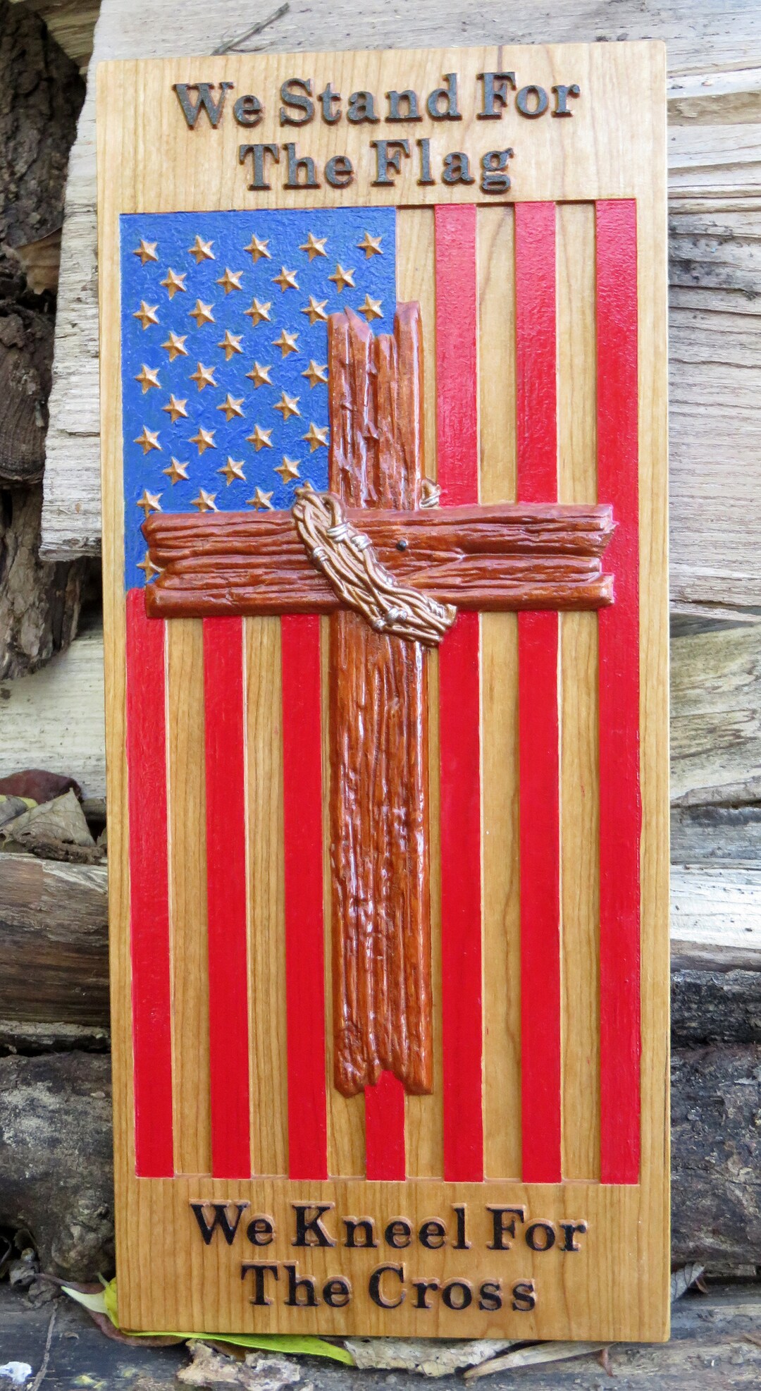 We Stand for the Flag We Kneel for the Cross - 3D Engraved Cherry Wood